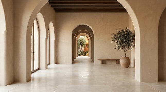Elegant Mediterranean Style Interior Hallway with Arched Doorways and Natural Light