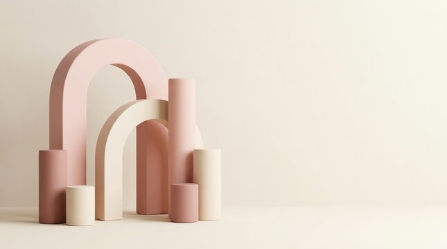 Minimalist Geometric Display with Arches and Cylinders in Soft Pastel Pink and Cream Colors