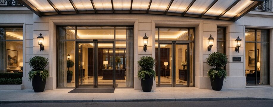 Modern hotel entrance with automatic glass doors and elegant lighting. Large potted plants flank the building facade. This upscale entry exudes luxury hospitality and urban design.