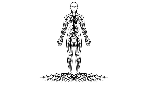 Human Anatomy with Botanical Root Network Life Connection Concept Vector