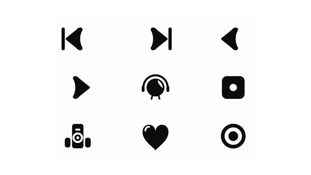 Minimalist Media Control Icons Set: Play, Pause, Rewind, Volume & Heart on Dark Background
