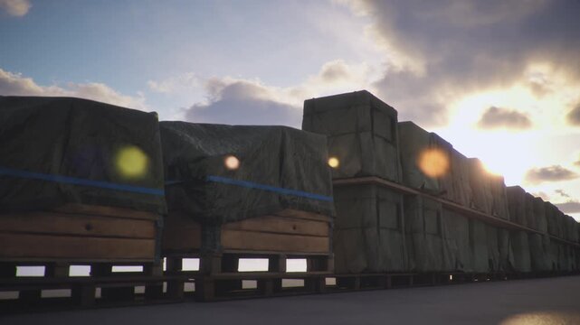 Cargo storage yard concept, low angle view of covered Box Tarp crate logistic shipping at sunset background. 3d animation. timelapse.