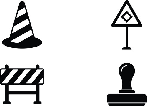 Road construction site safety icons featuring traffic cone hazard warning sign barrier barricade and official stamp vector