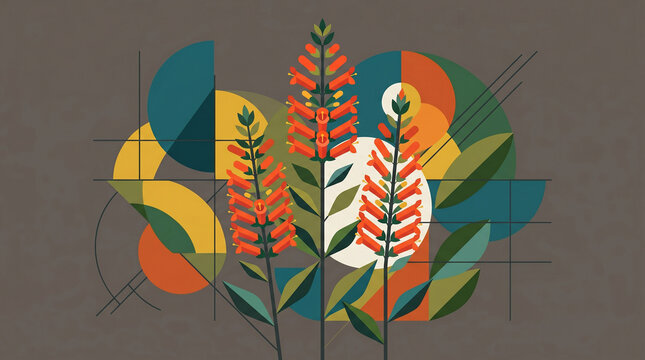 Vibrant orange floral plants depicted with geometric shapes and lines in a modern artistic style