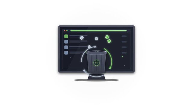 Desktop computer monitor displaying system function interface with rotating green scanner and data processing animation on white background