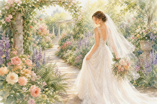  una novia caminando por un jard&iacute;n bot&aacute;nico exuberante y colores pastel rom&aacute;nticos.