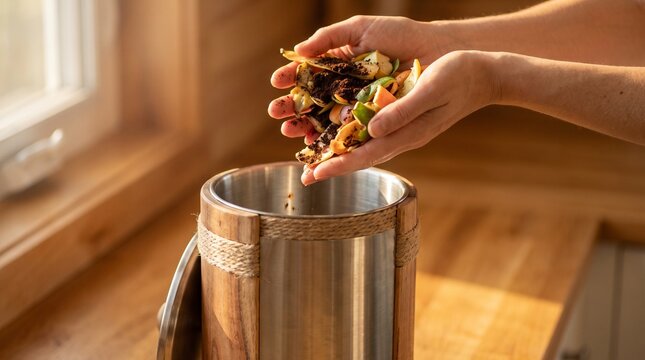Sustainable food waste composting, hands dropping organic vegetable scraps into kitchen compost bin, eco-friendly lifestyle
