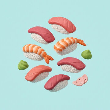 Assorted sushi pieces with tuna and shrimp nigiri served with wasabi and ginger on a light blue background.