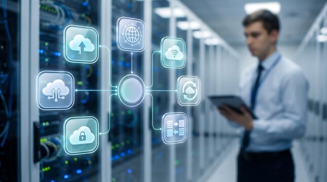 Cloud computing specialist managing data infrastructure in secure server room with digital holographic interface showing various cloud storage and network connectivity icons
