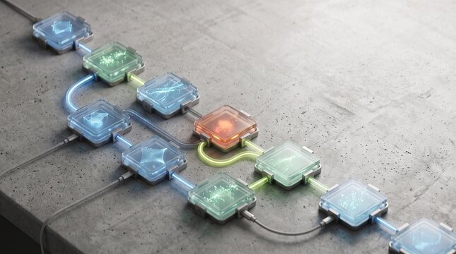 Futuristic glass microchips on concrete surface, glowing translucent processor modules, high-tech hardware components for AI computing