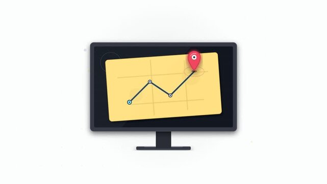 Animated computer monitor displaying digital map navigation with location pin marker and plotted route line on plain white background for functional interface demonstration