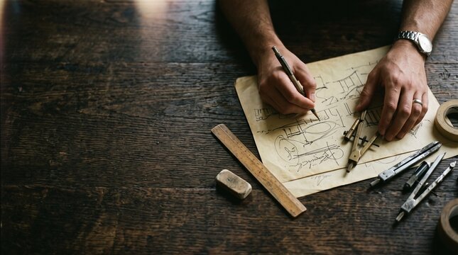 Vintage architect hands sketching on parchment paper. Professional designer drawing blueprints on dark wood desk. Creative workspace with drafting tools.