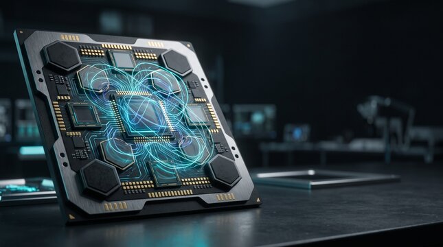 Quantum computer processor with glowing blue energy circuits, futuristic microchip on laboratory desk, advanced AI hardware technology