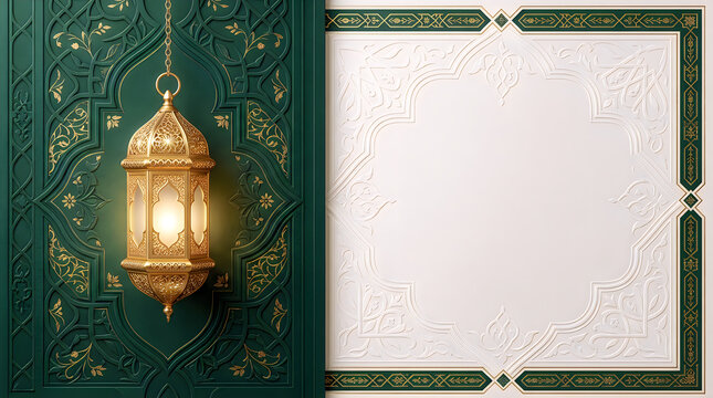 Ornamental golden lantern hanging on green textured wall beside white decorative frame.