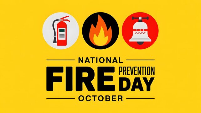 National Fire Prevention Day October celebration design featuring fire extinguisher, flames and firefighter helmet icons promoting safety awareness, emergency preparedness and prevention