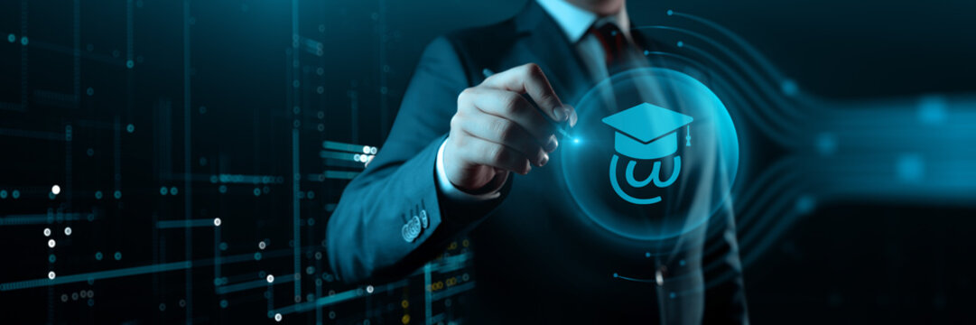 Businessman Touching Digital E-Learning Interface for Online Education