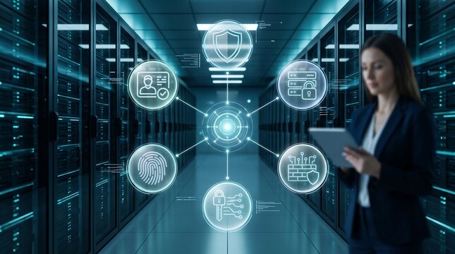 Security manager overseeing digital access control and system integrity in data center using tablet with glowing holographic interface displaying user authentication icons