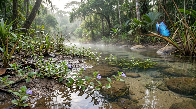 Vibrant blue morpho butterfly resting peacefully near a serene tropical river within lush green vegetation