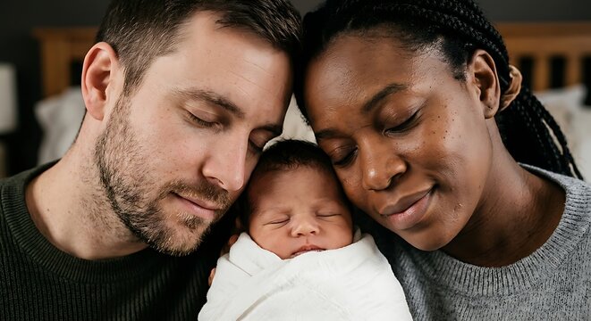 Diverse couple of man and woman holding newborn baby with eyes closed. Happy multiracial family bonding with infant. Love, parenthood and togetherness concept for family lifestyle