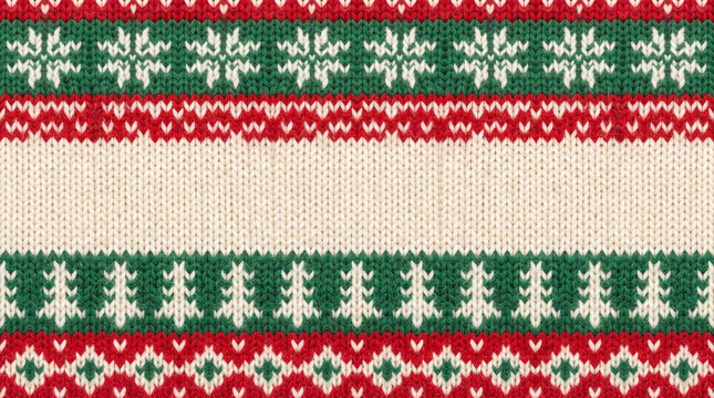 Cozy knit fabric with festive red and green holiday patterns and abstract snowflakes during winter