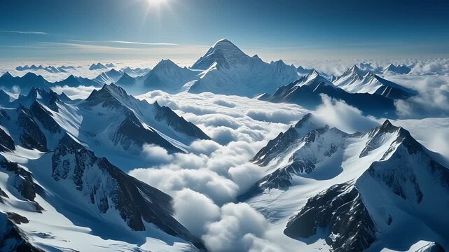 Majestic mountain range covered in snow and clouds from an aerial perspective.