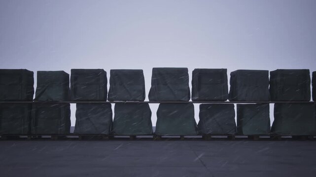 Winter logistics background. cargo crates on shelves during heavy snowfall. 3d animation.