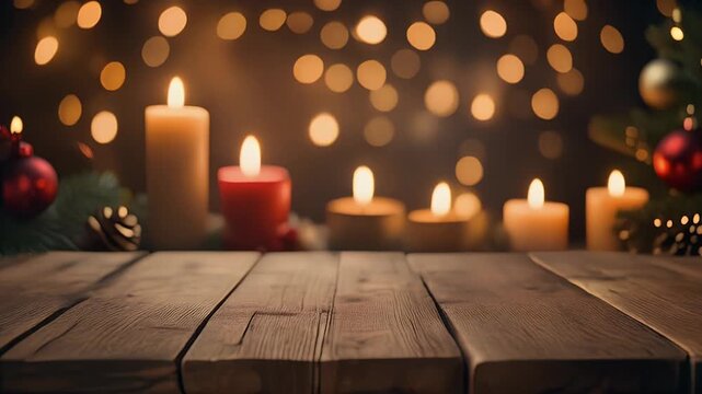 A festive holiday scene featuring lit candles and Christmas decorations on a wooden table.