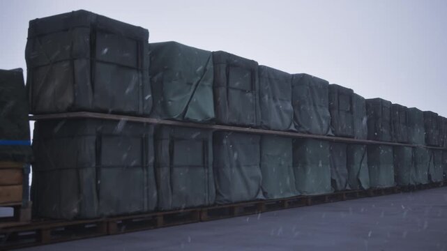 Outdoor logistics cargo storage facility, covered wooden crates during heavy snow. 3d animation.