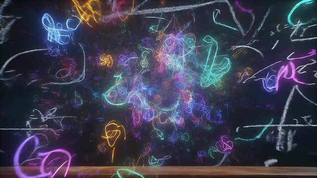 Mathematical equations on a blackboard come to life with colorful energy bursts.
