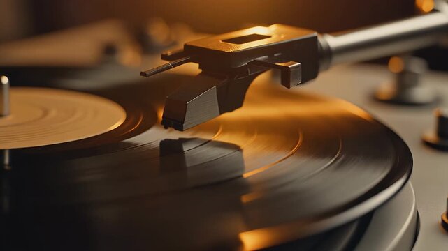 Close-up of a turntable's needle on a spinning vinyl record.