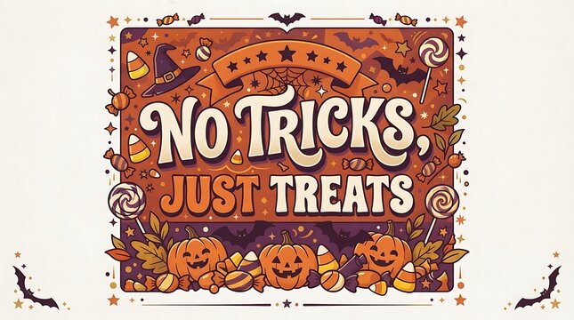 Halloween 'No Tricks Just Treats' illustration with pumpkins candy and bats in festive autumn lighting