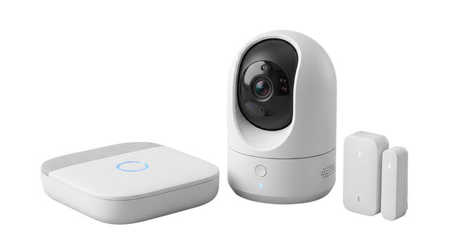 Smart home security system kit, wireless IP camera with motion sensors and hub, modern white surveillance equipment for house protection