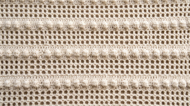 Creamy textured knit fabric with intricate bobble and lace patterns in soft natural light for cozy backgrounds