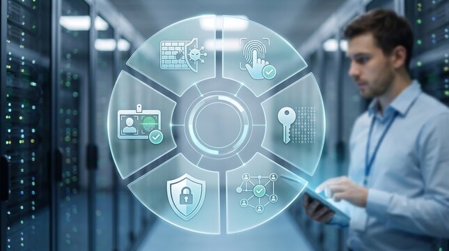 IT professional using digital cybersecurity interface in server room displaying biometric authentication firewall and data encryption icons for network security and identity management