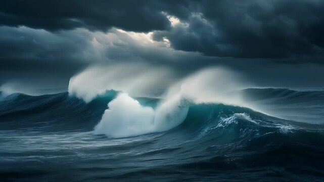Three powerful ocean waves crash under a stormy sky, showcasing nature's raw energy.