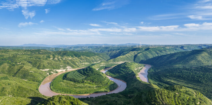 Winding Jing River Through Green Hills, Shaanxi, China