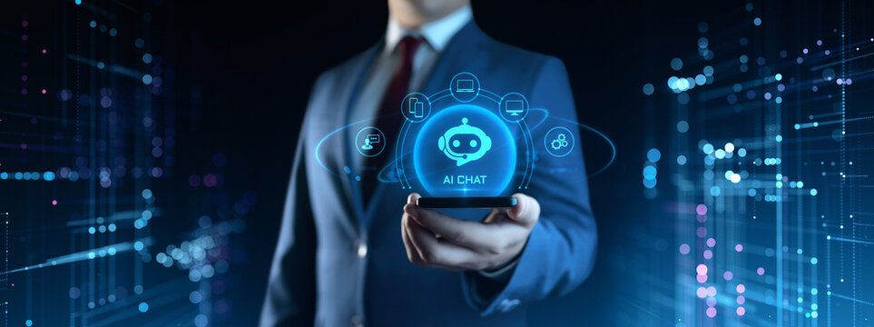 Businessman Holding smartphone with Ai Chat Icons on Screen. Artificial Intelligence Technology concept