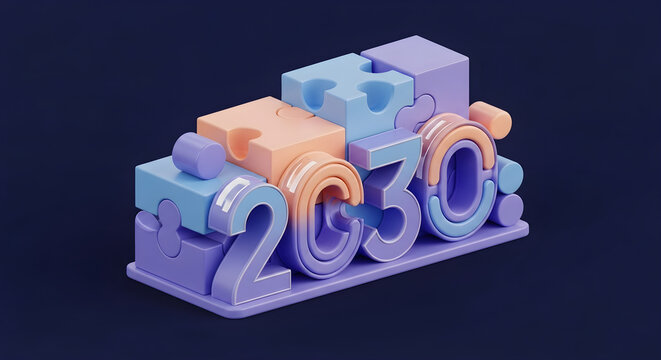 3D Stylized 2030 Typography Design Featuring Puzzle Piece Integration and Pastel Color Palette for Modern Future Planning Concepts