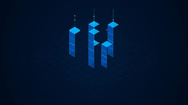 Abstract geometric shapes glow softly in deep blue tones. Three pillars rise with digital lines connecting to a central sphere. Subtle grid pattern pulses beneath the structures