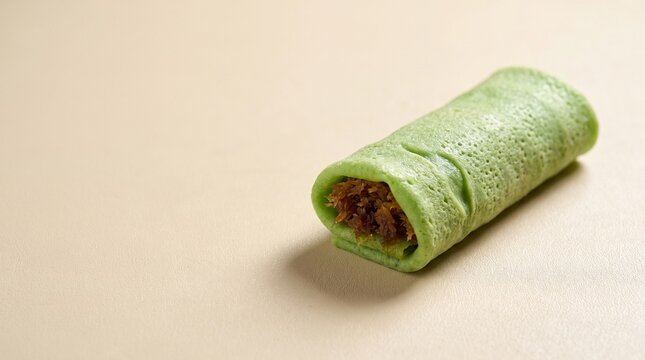Traditional Indonesian Dadar Gulung Pandan Crepe with Sweet Coconut Filling and Copy Space
