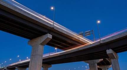 Fototapeta premium Highway overpass bridge with traffic light trails at night low angle view