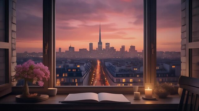 A tranquil cityscape view from a window at sunset with flowers.