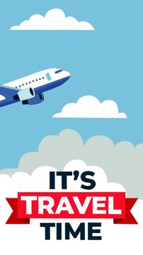 Colorful animated travel concept featuring a passenger airplane flying through clouds with bold &ldquo;It&rsquo;s Travel Time&rdquo; typography, perfect for vacation, tourism, holiday, and journey themed footage