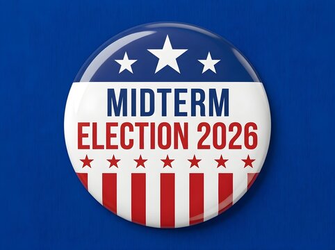 A circular campaign button for the Midterm Election in 2026, featuring stars and stripes.