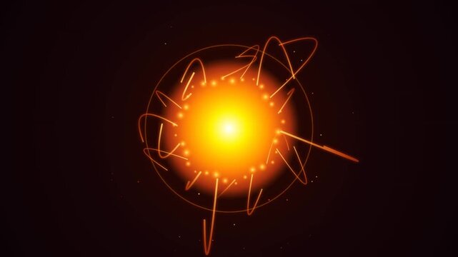 Vibrant orange nucleus pulses with energy. Ethereal orbitals dance around its radiant core. Cosmic particles glow against a deep, dark void. Dynamic motion suggests atomic or energetic force
