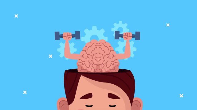 Animated brain working out with weights inside opened head, representing mental fitness and learning.