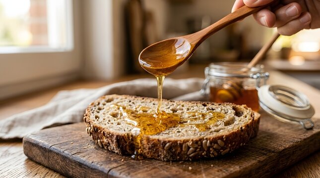 Golden honey drizzling from wooden spoon onto rustic whole grain bread