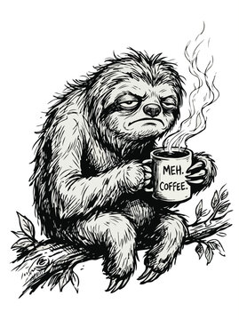 Grumpy Sloth Holding Coffee Mug Ink Sketch Illustration
