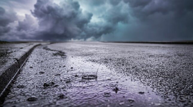Rain drop splash in puddle on wet asphalt road under dark stormy clouds