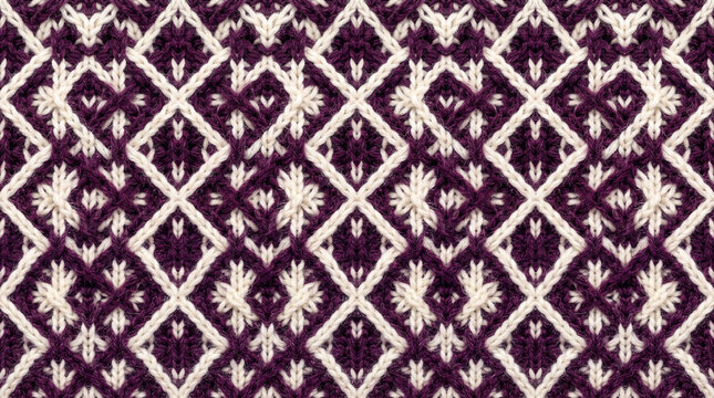 Intricate diamond knit pattern with floral accents in cream and deep plum yarn
